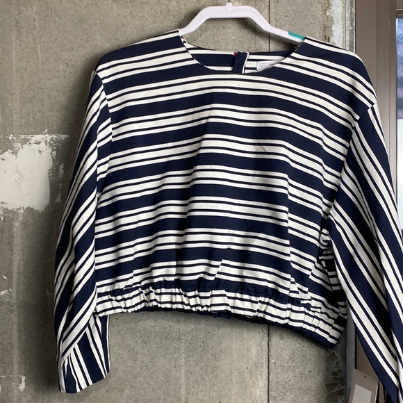 Zara Trafaluc Collection Crop Long Sleeve Blouse White And Navy Blue Strips - Picture 1 of 11